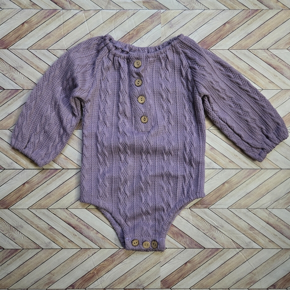None Other - Boho Baby Girl Cable Knit Long Sleeve Sweater Romper Dusty Lavender One-Piece